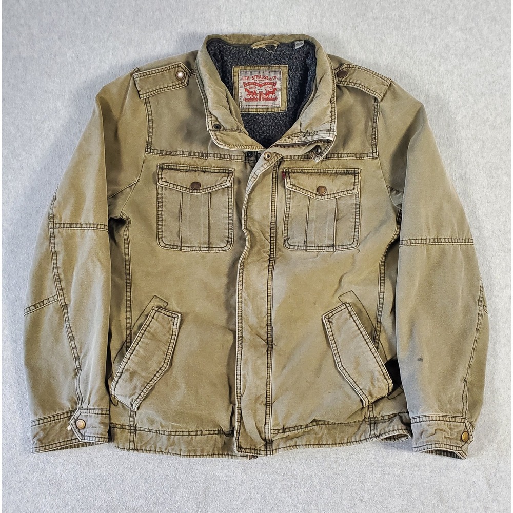 Levis Canvas Field Jacket Mens Medium Olive Green Sherpa Lined Cotton Pockets